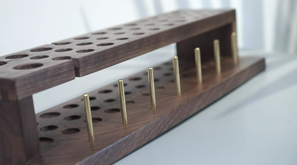 Black walnut leather tools rack with brass thread spool